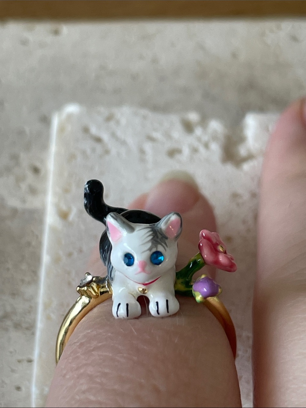Les Néréides Cat Ring Hand Painted Enamel Kitten Floral 18k Gold Plated Cute Gif